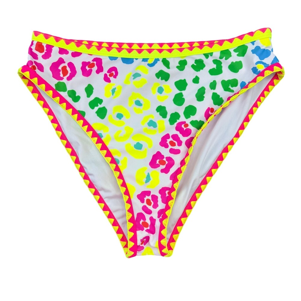 POPVIL Womens Neon Leopard Print High Cut Bikini Bottom Multicolor Sz L Beach